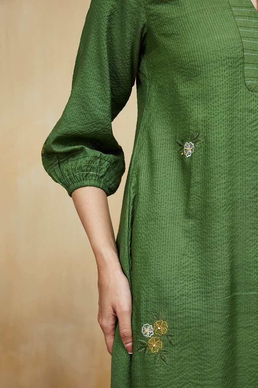 Green Gardenia Floral Embroidered Dress