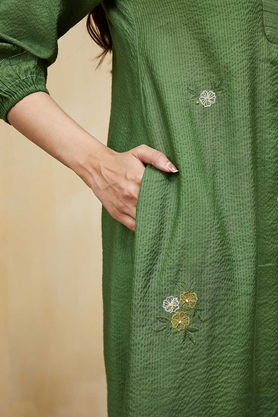 Green Gardenia Floral Embroidered Dress