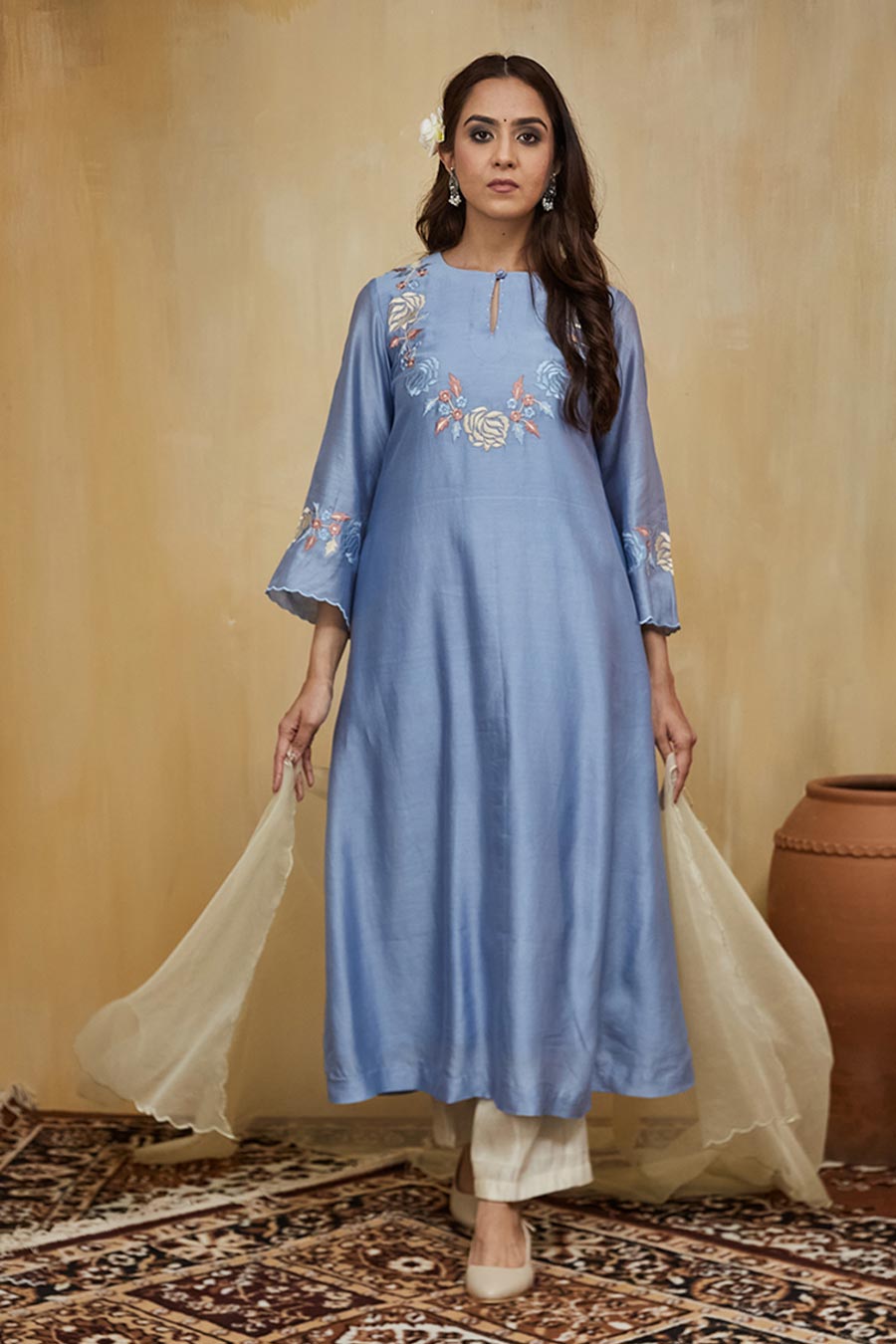Blue & Off-White Safa Floral Embroidered Kurta Set