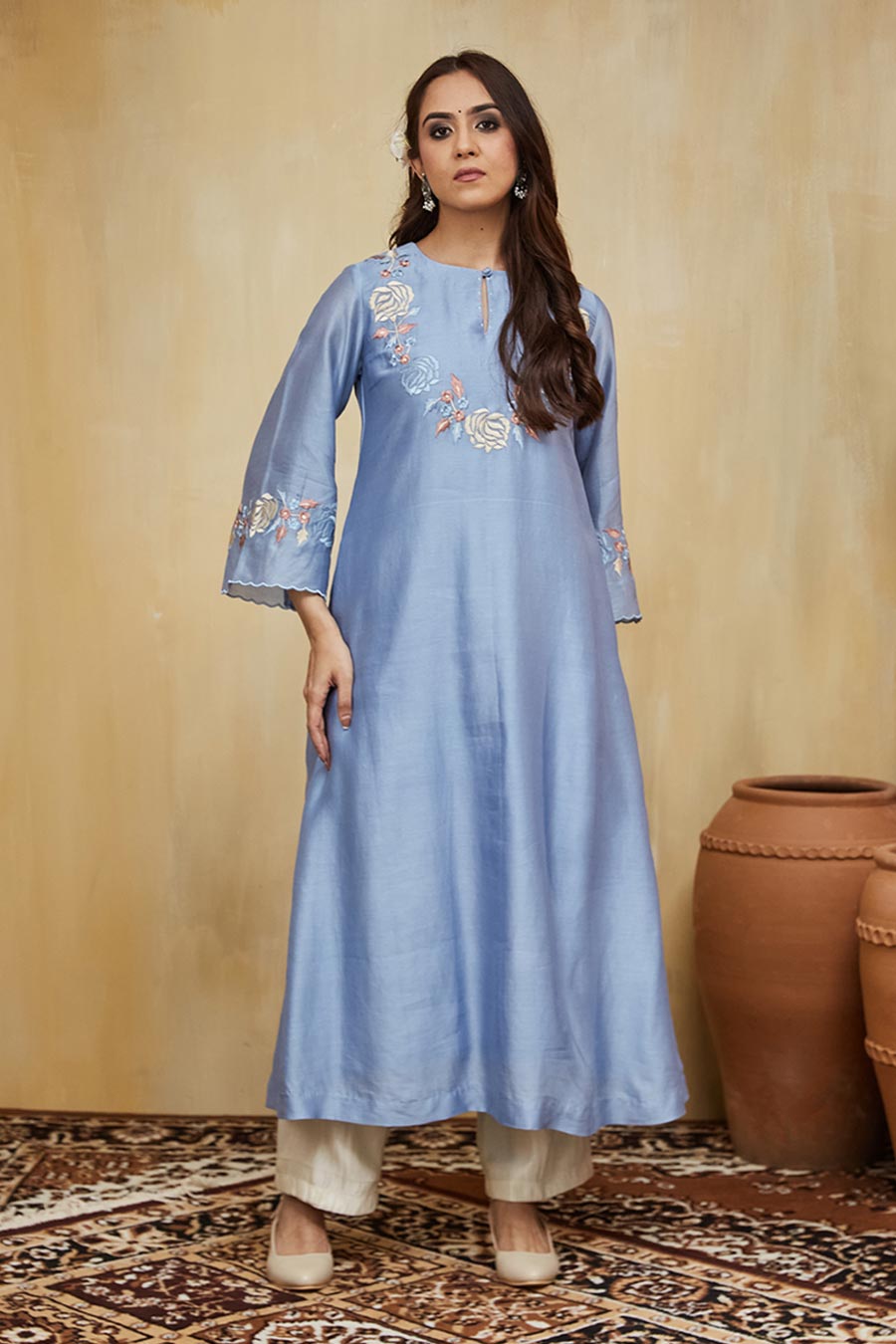 Blue & Off-White Safa Floral Embroidered Kurta Set