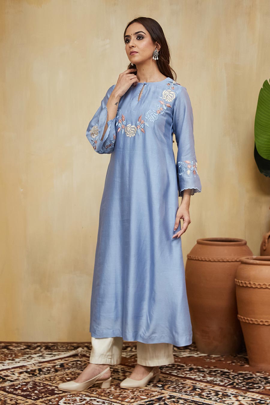 Blue & Off-White Safa Floral Embroidered Kurta Set