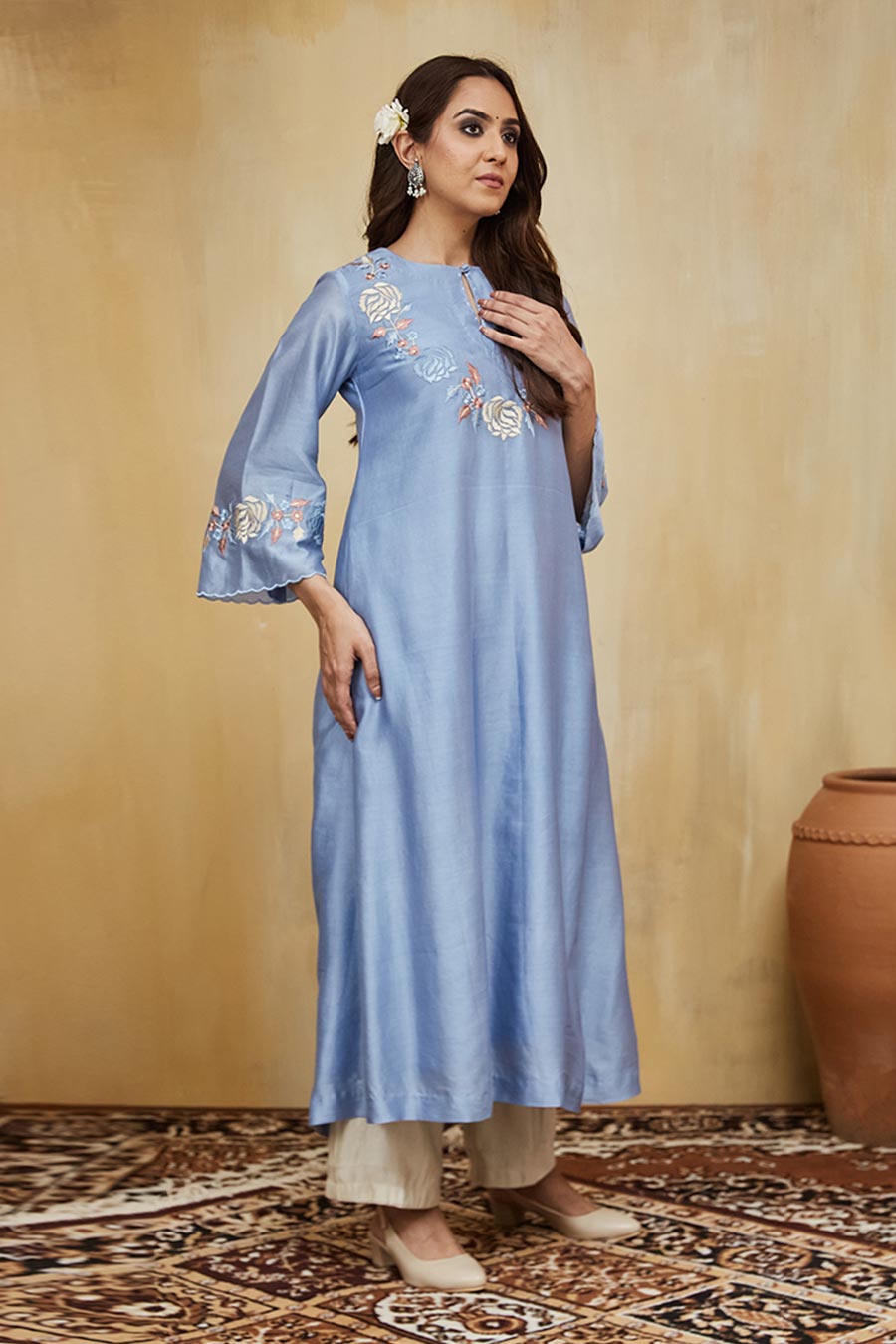 Blue & Off-White Safa Floral Embroidered Kurta Set