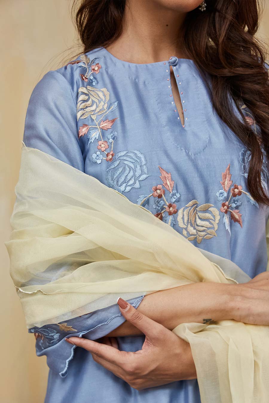 Blue & Off-White Safa Floral Embroidered Kurta Set