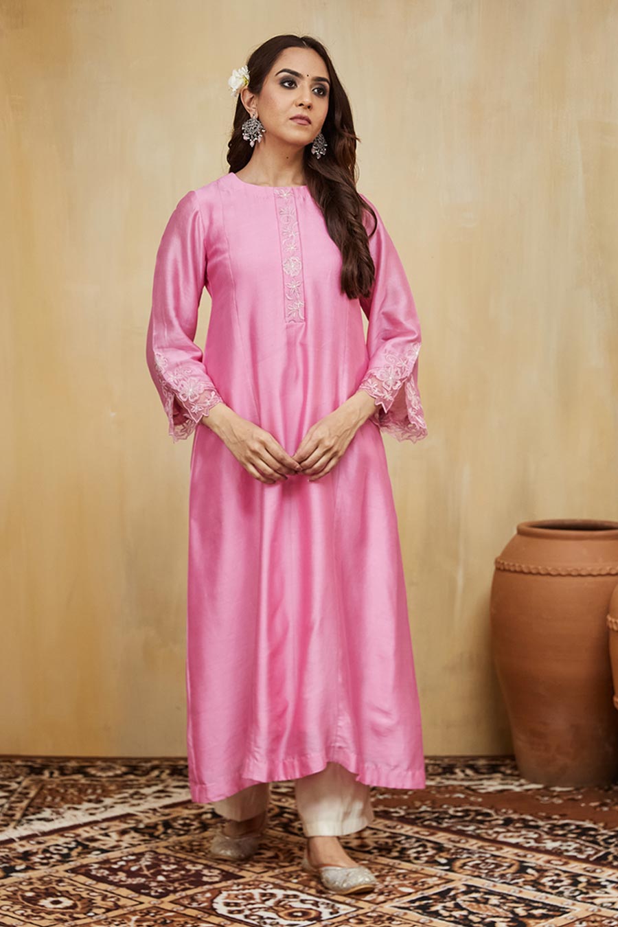 Pink & Off-White Dina Floral Embroidered Kurta Set