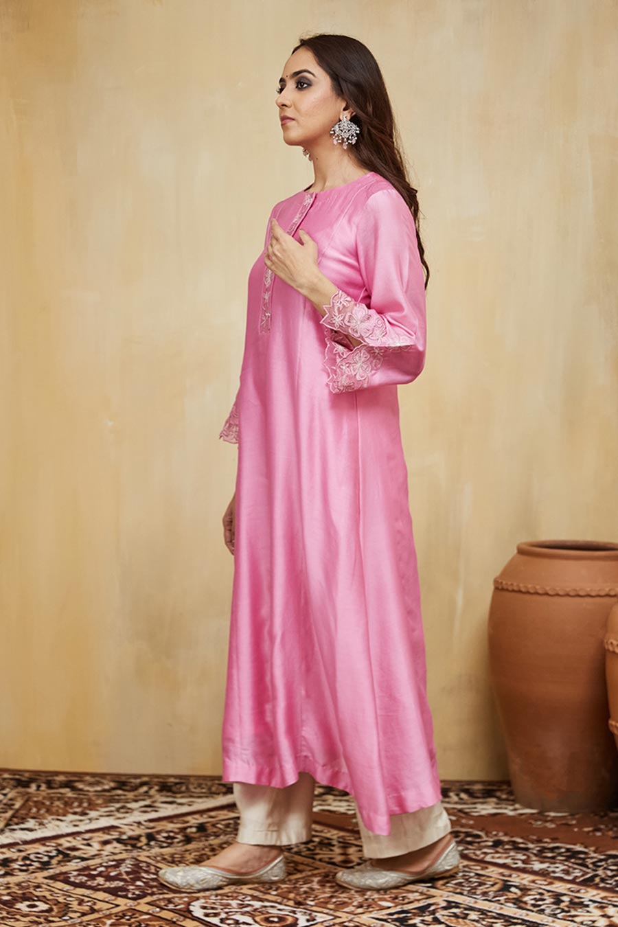 Pink & Off-White Dina Floral Embroidered Kurta Set