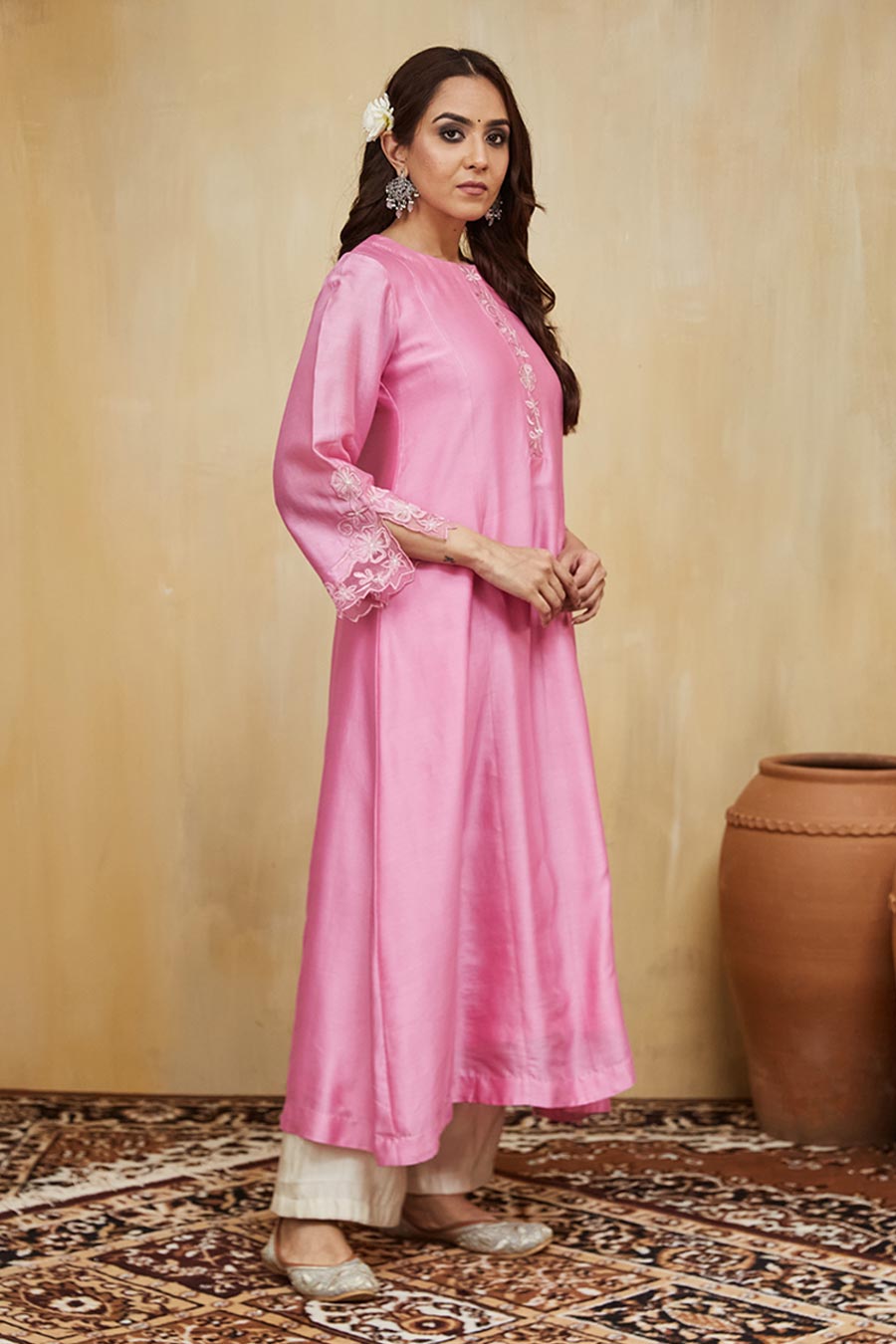 Pink & Off-White Dina Floral Embroidered Kurta Set