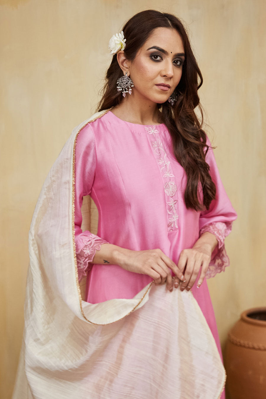 Pink & Off-White Dina Floral Embroidered Kurta Set