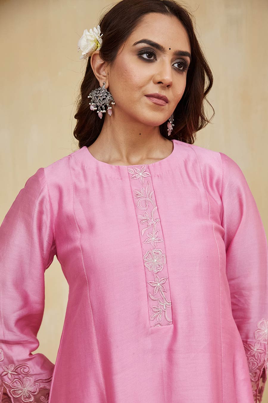 Pink & Off-White Dina Floral Embroidered Kurta Set