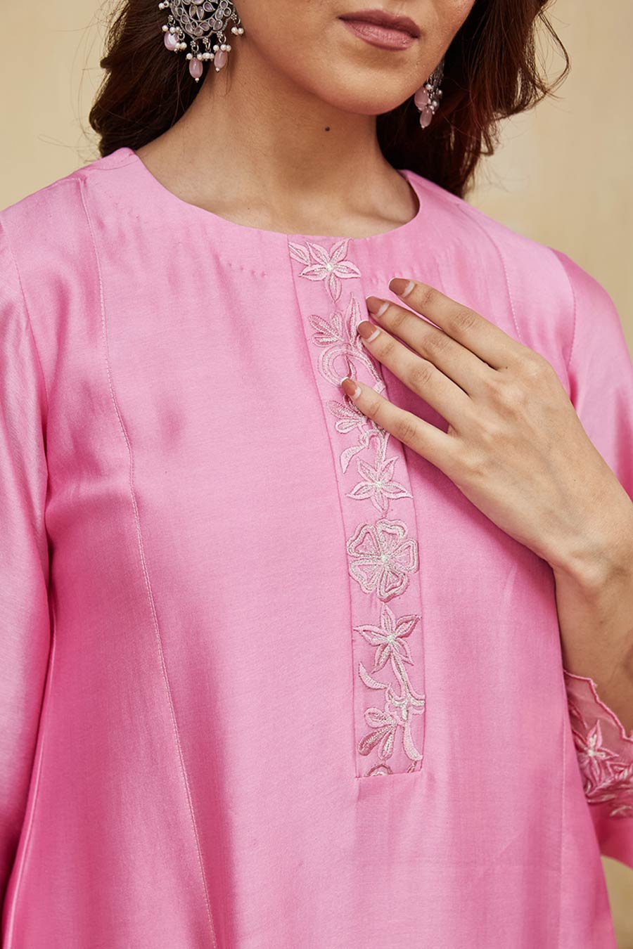 Pink & Off-White Dina Floral Embroidered Kurta Set