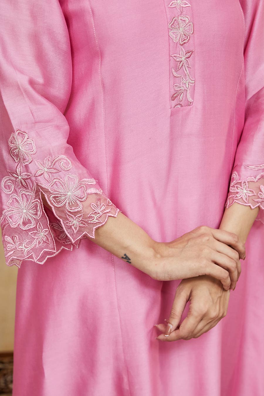Pink & Off-White Dina Floral Embroidered Kurta Set