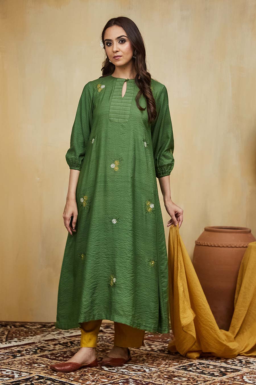 Green & Mustard Gardenia Floral Embroidered Kurta Set