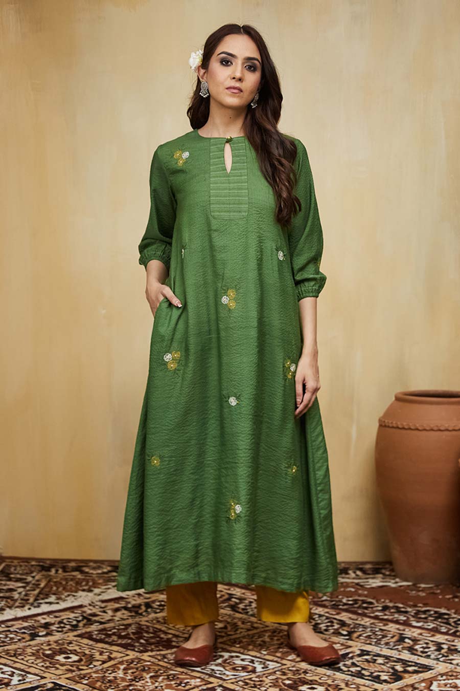 Green & Mustard Gardenia Floral Embroidered Kurta Set
