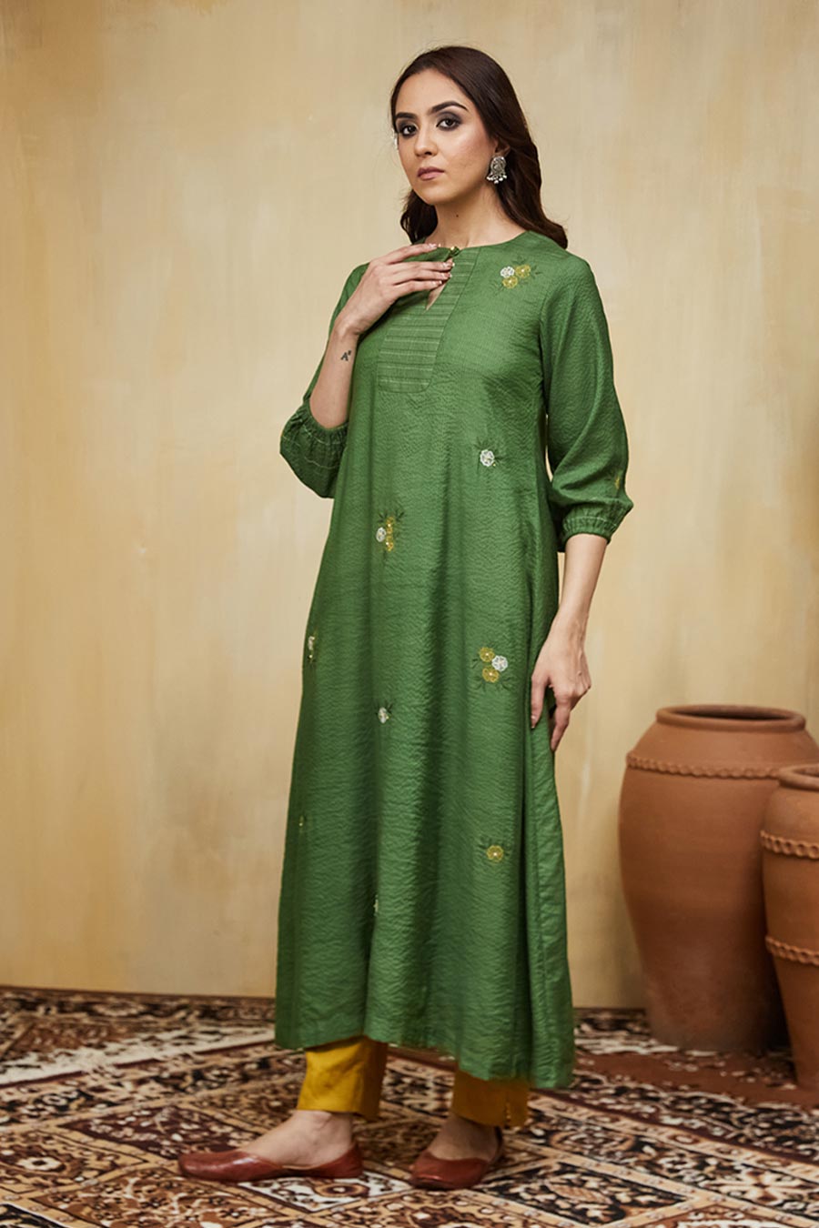 Green & Mustard Gardenia Floral Embroidered Kurta Set