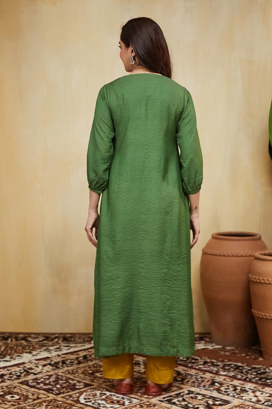 Green & Mustard Gardenia Floral Embroidered Kurta Set