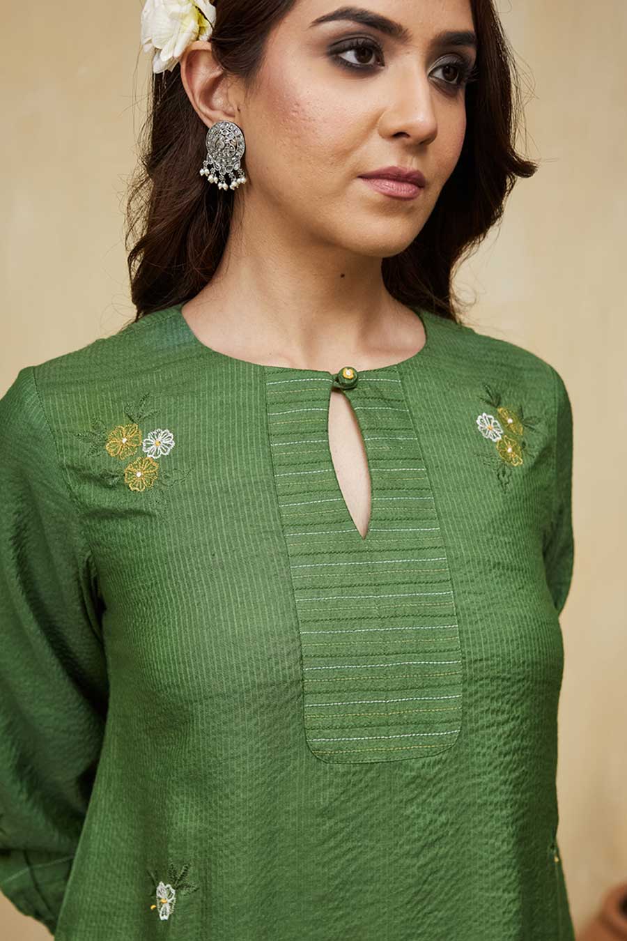 Green & Mustard Gardenia Floral Embroidered Kurta Set