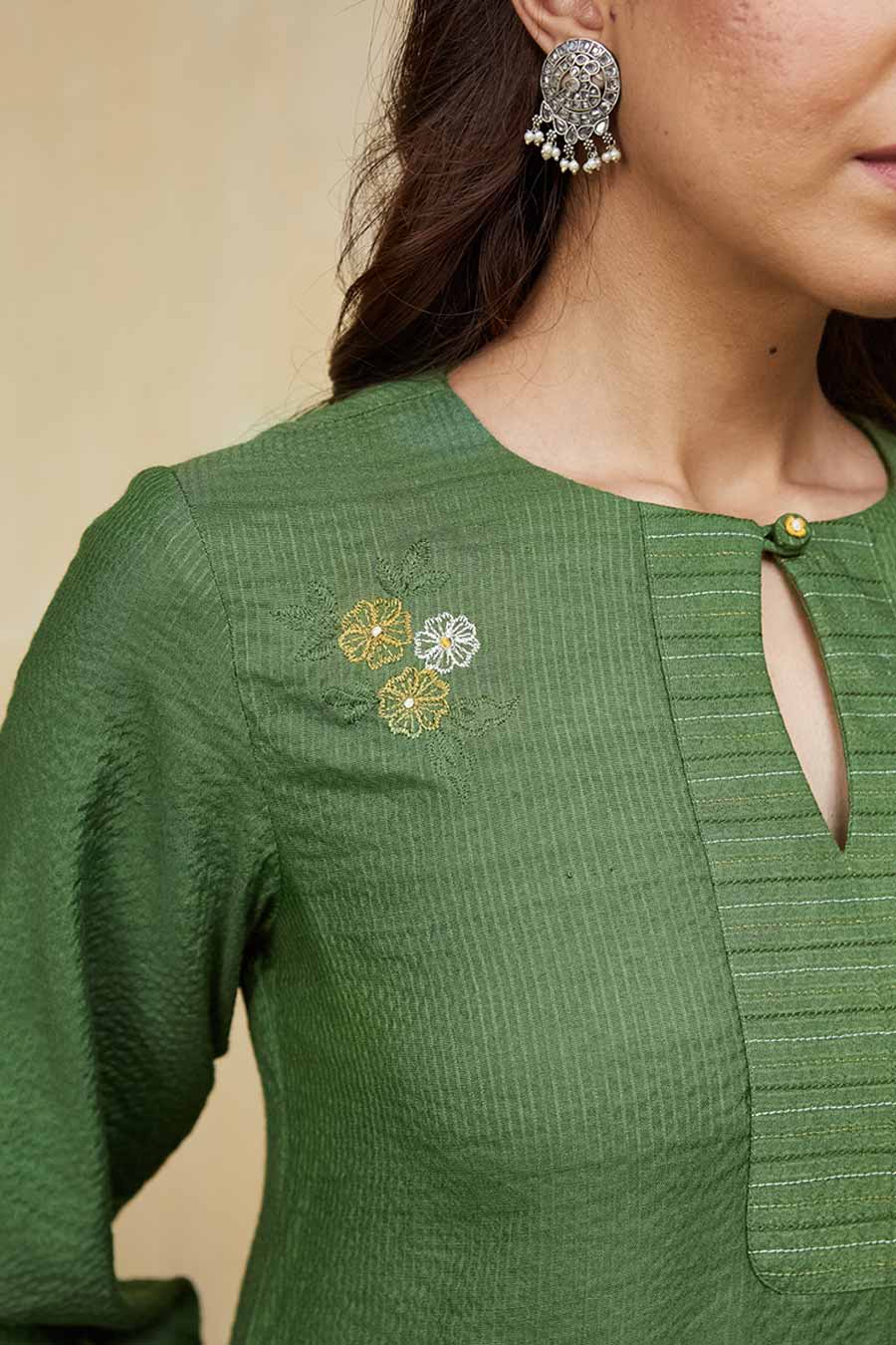 Green & Mustard Gardenia Floral Embroidered Kurta Set