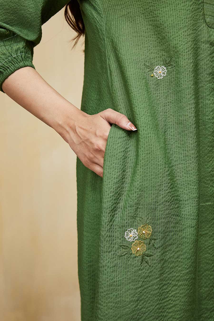 Green & Mustard Gardenia Floral Embroidered Kurta Set