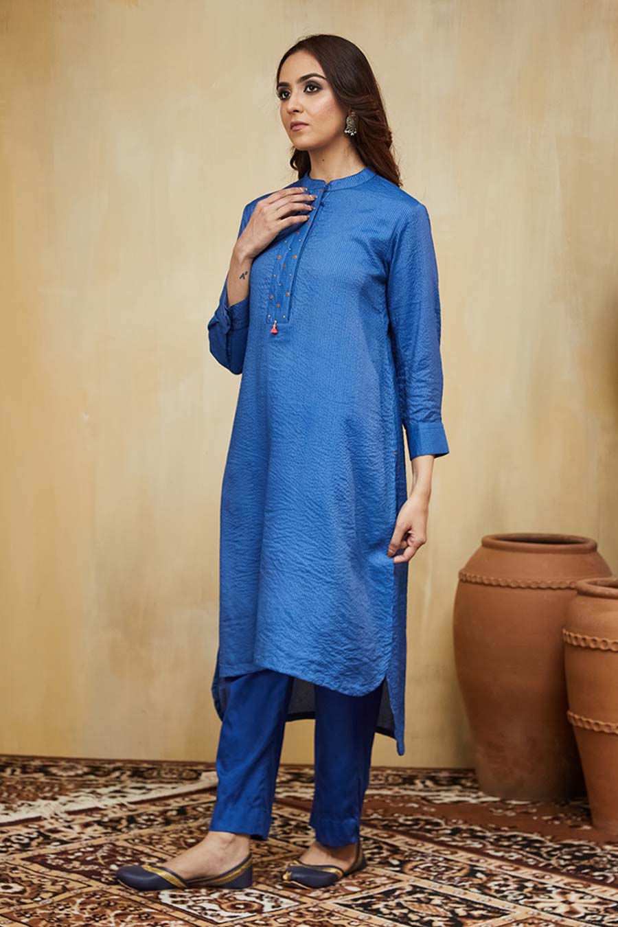 Blue Zayna Embellished Striped Kurta & Pant Set