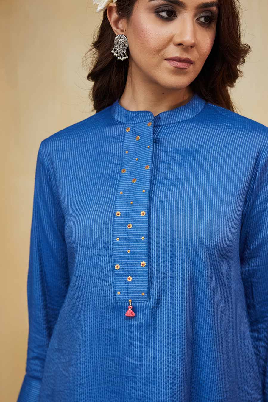 Blue Zayna Embellished Striped Kurta & Pant Set