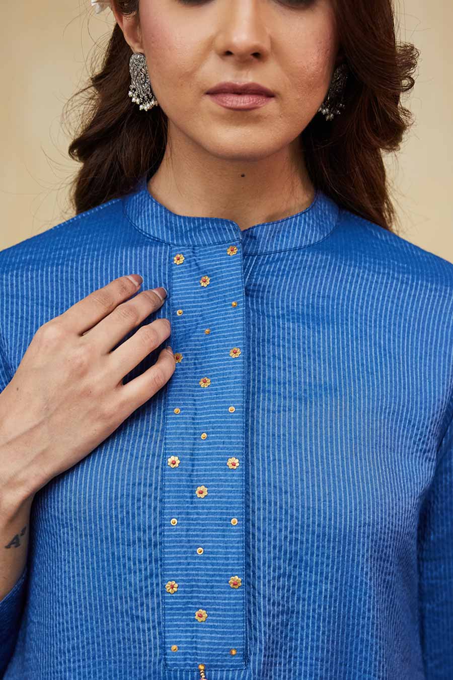 Blue Zayna Embellished Striped Kurta & Pant Set