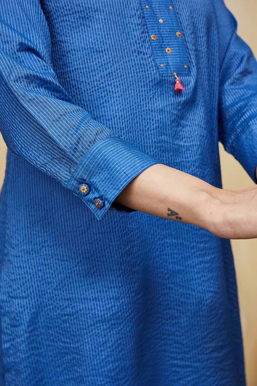 Blue Zayna Embellished Striped Kurta & Pant Set