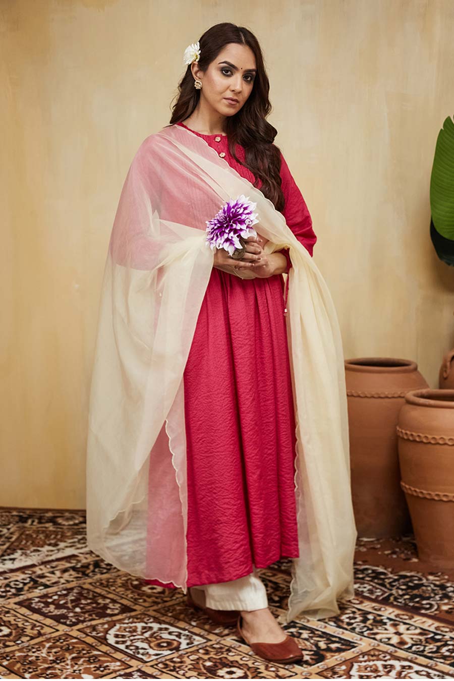 Pink & Off-White Rashida Embellished Striped Kurta Set