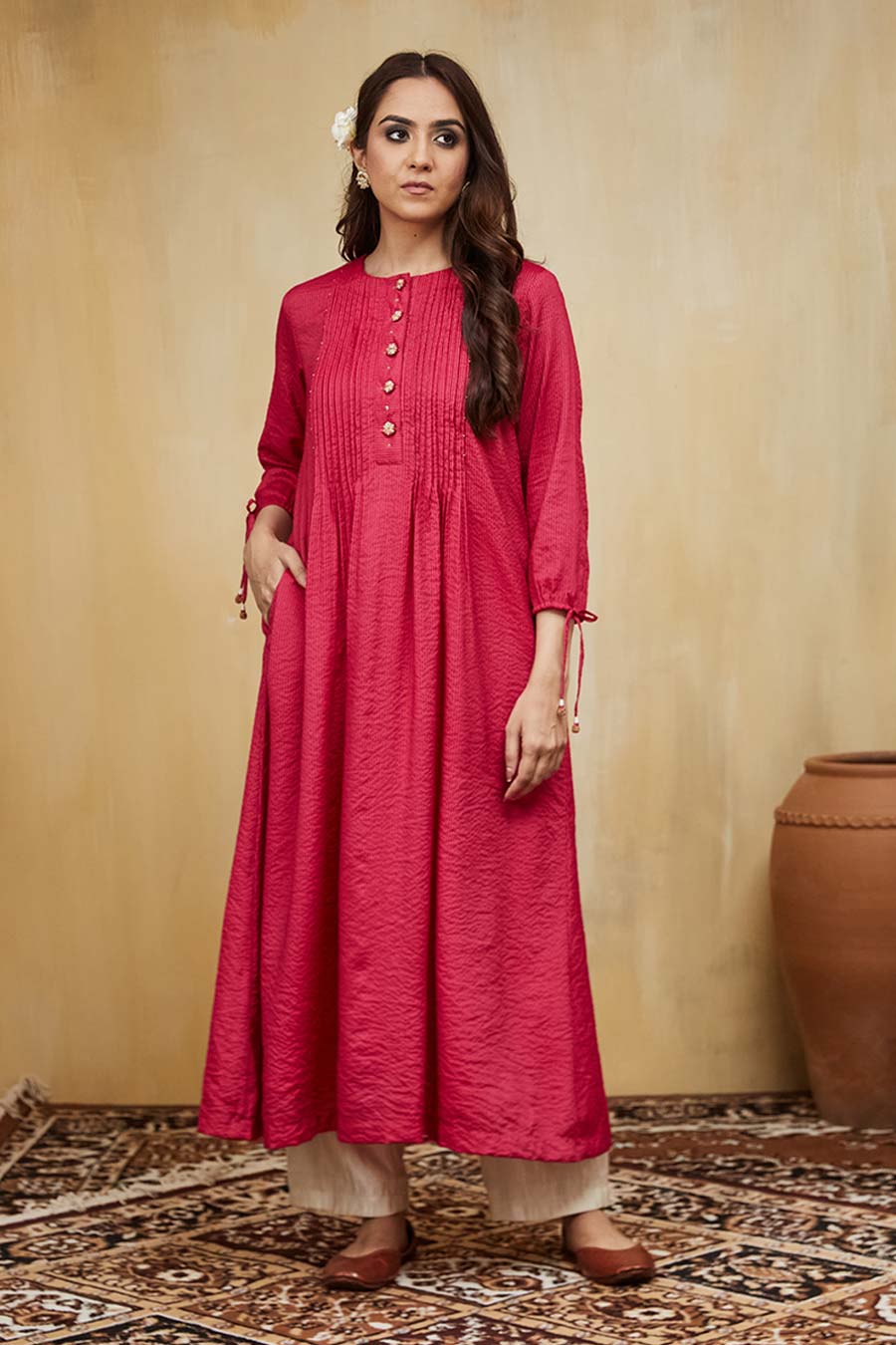 Pink & Off-White Rashida Embellished Striped Kurta Set