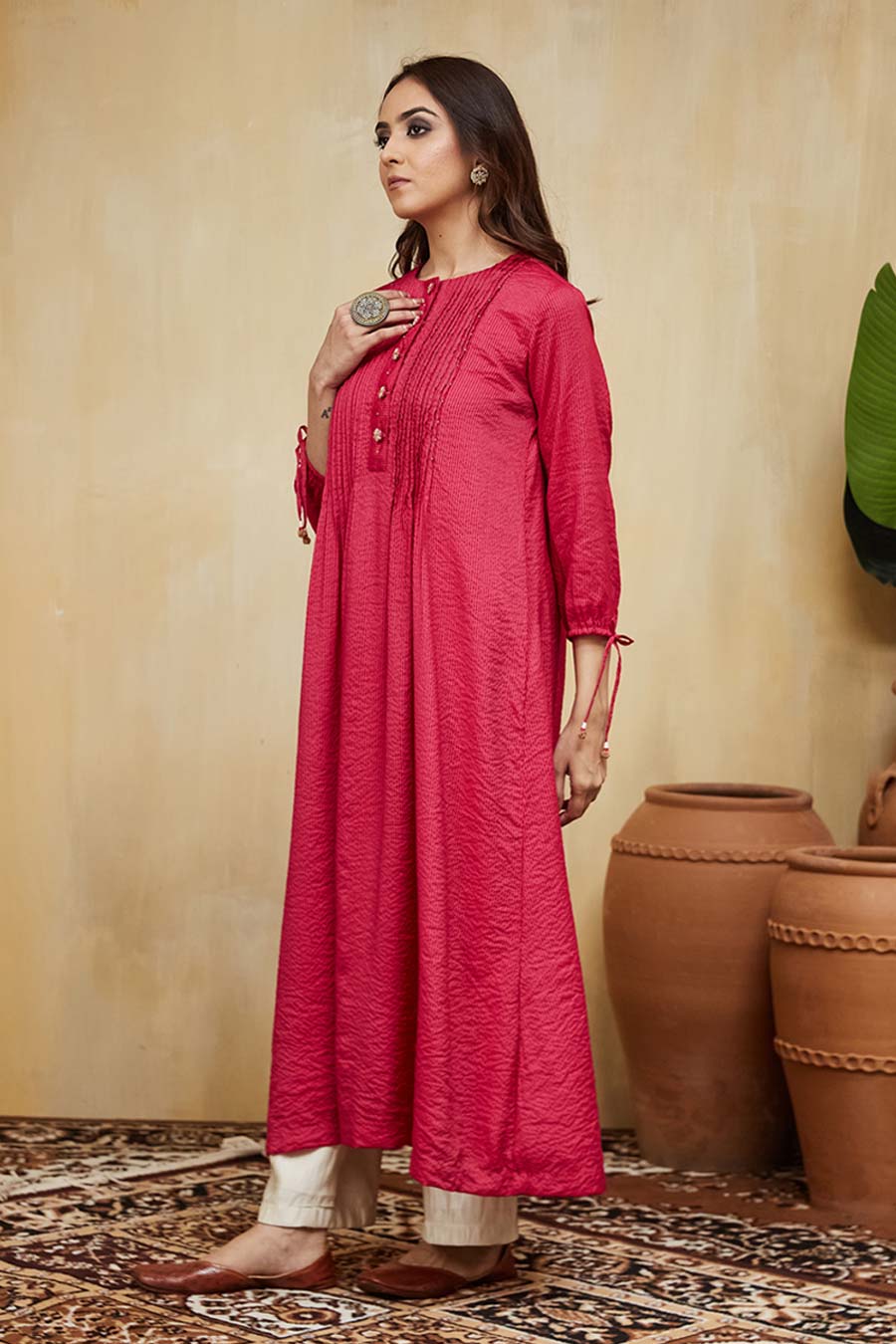 Pink & Off-White Rashida Embellished Striped Kurta Set