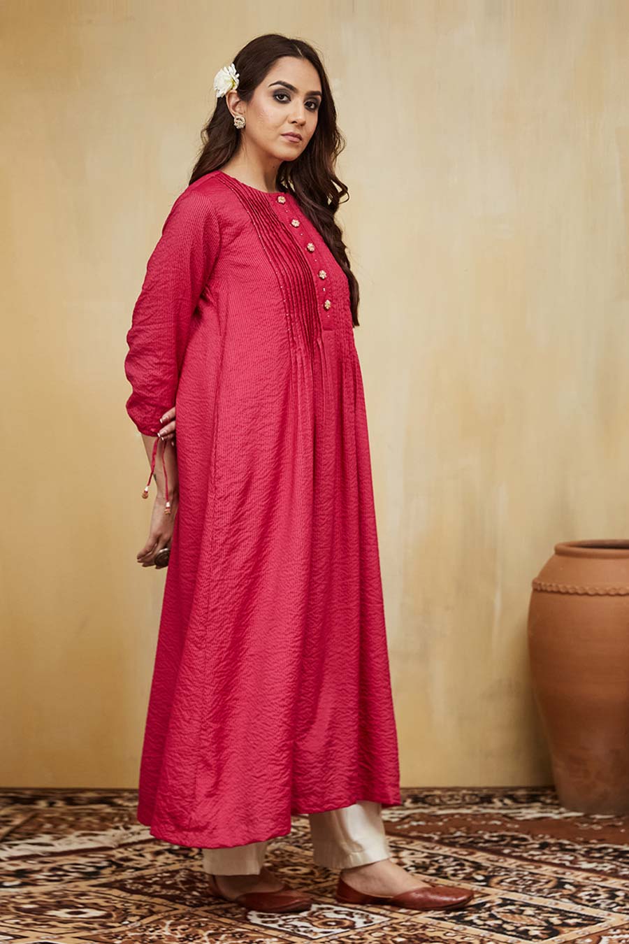 Pink & Off-White Rashida Embellished Striped Kurta Set