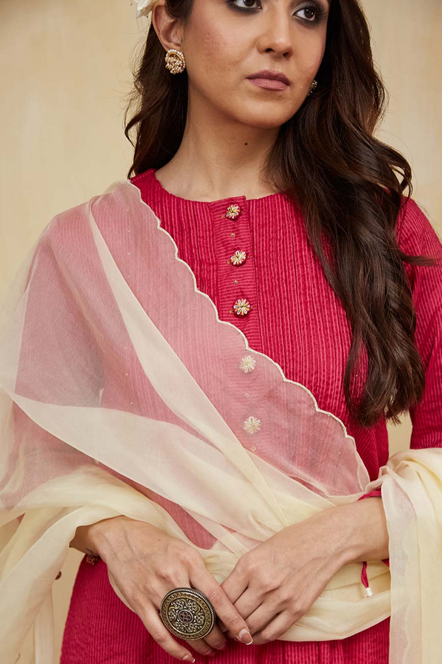 Pink & Off-White Rashida Embellished Striped Kurta Set