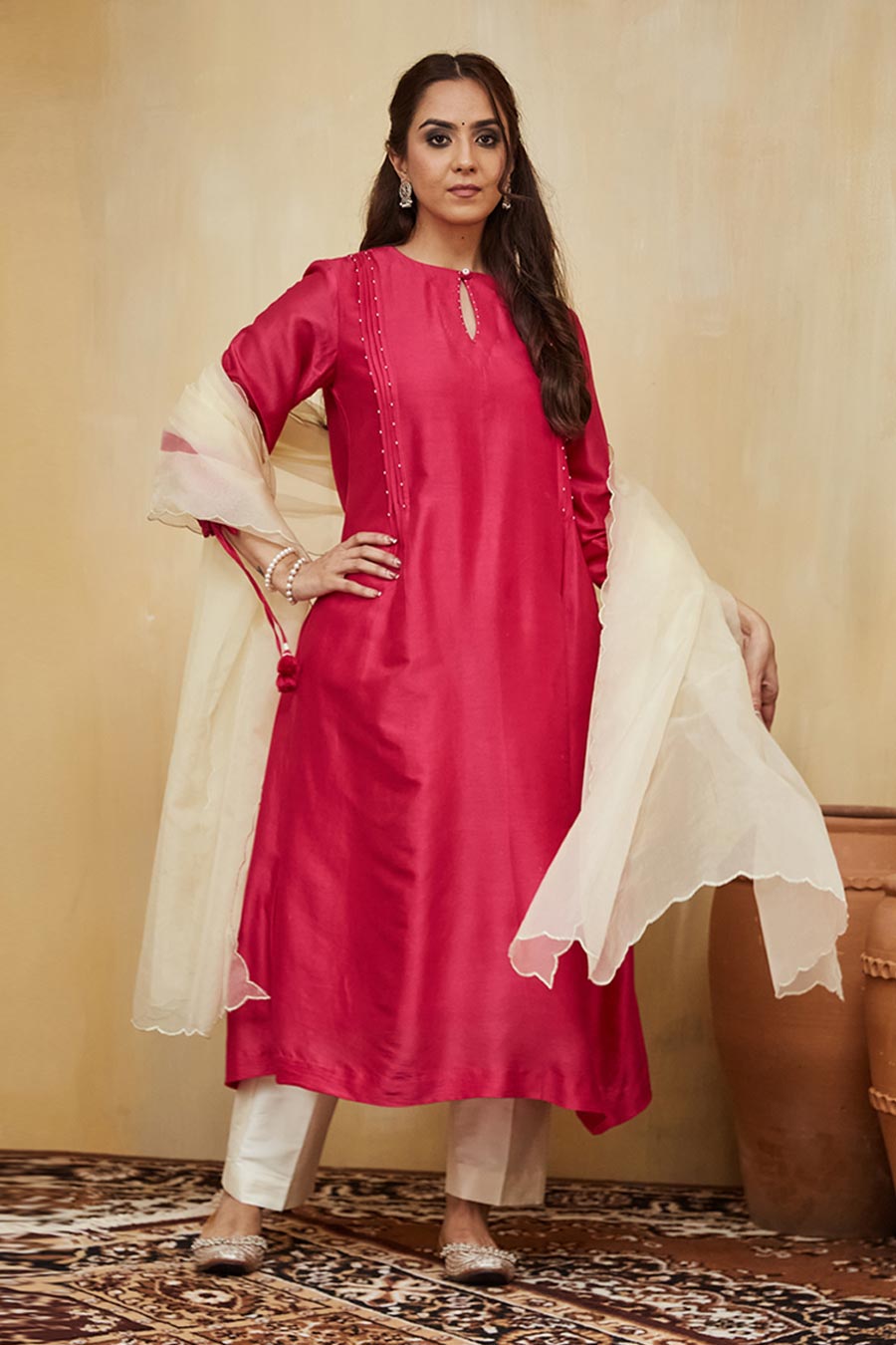 Pink & Off-White Aisha Embellished Kurta Set