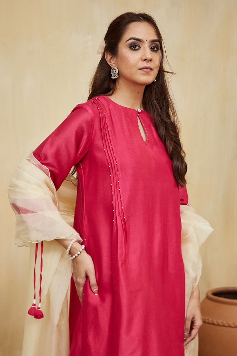 Pink & Off-White Aisha Embellished Kurta Set