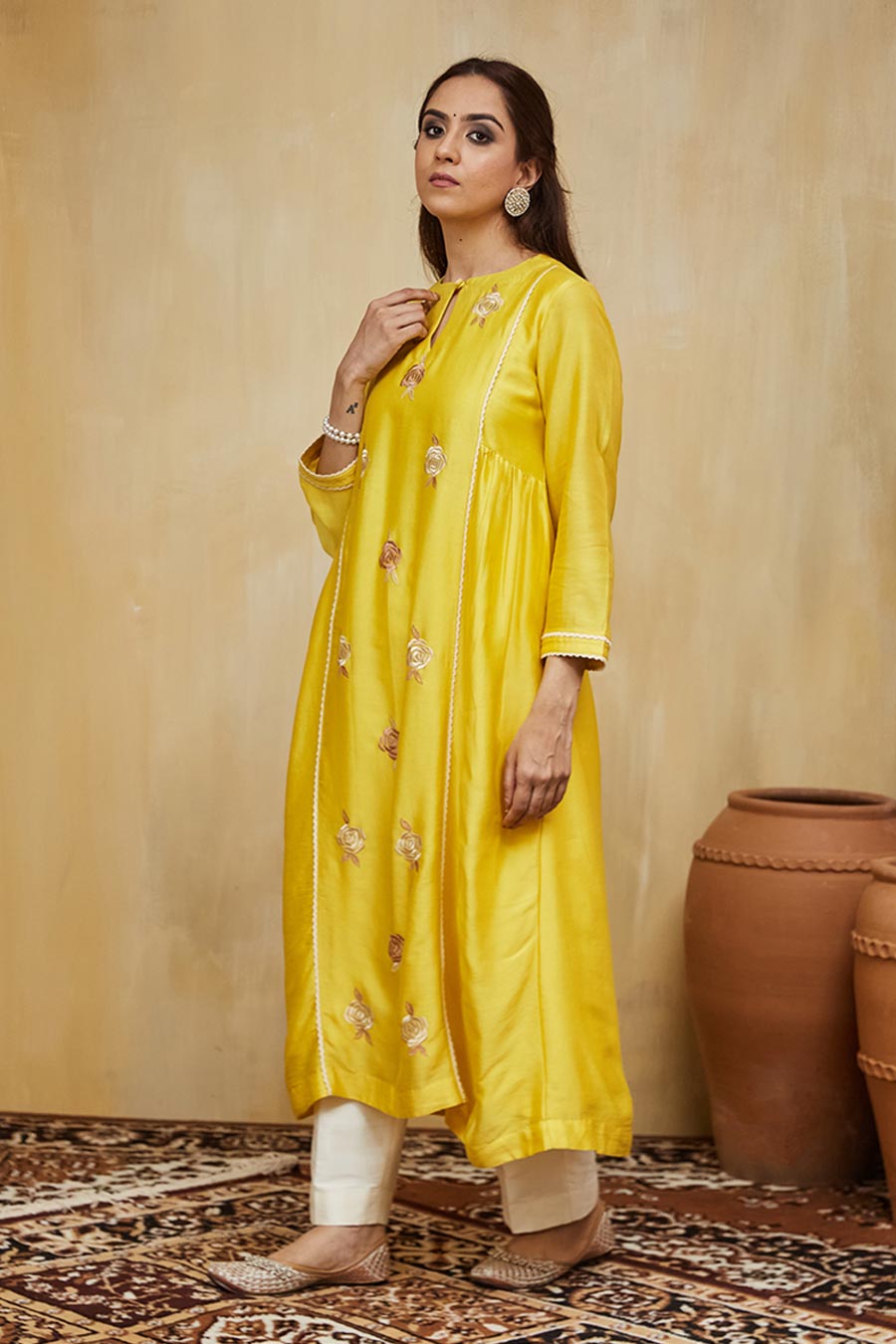 Yellow & Off-White Azra Floral Embroidered Kurta Set