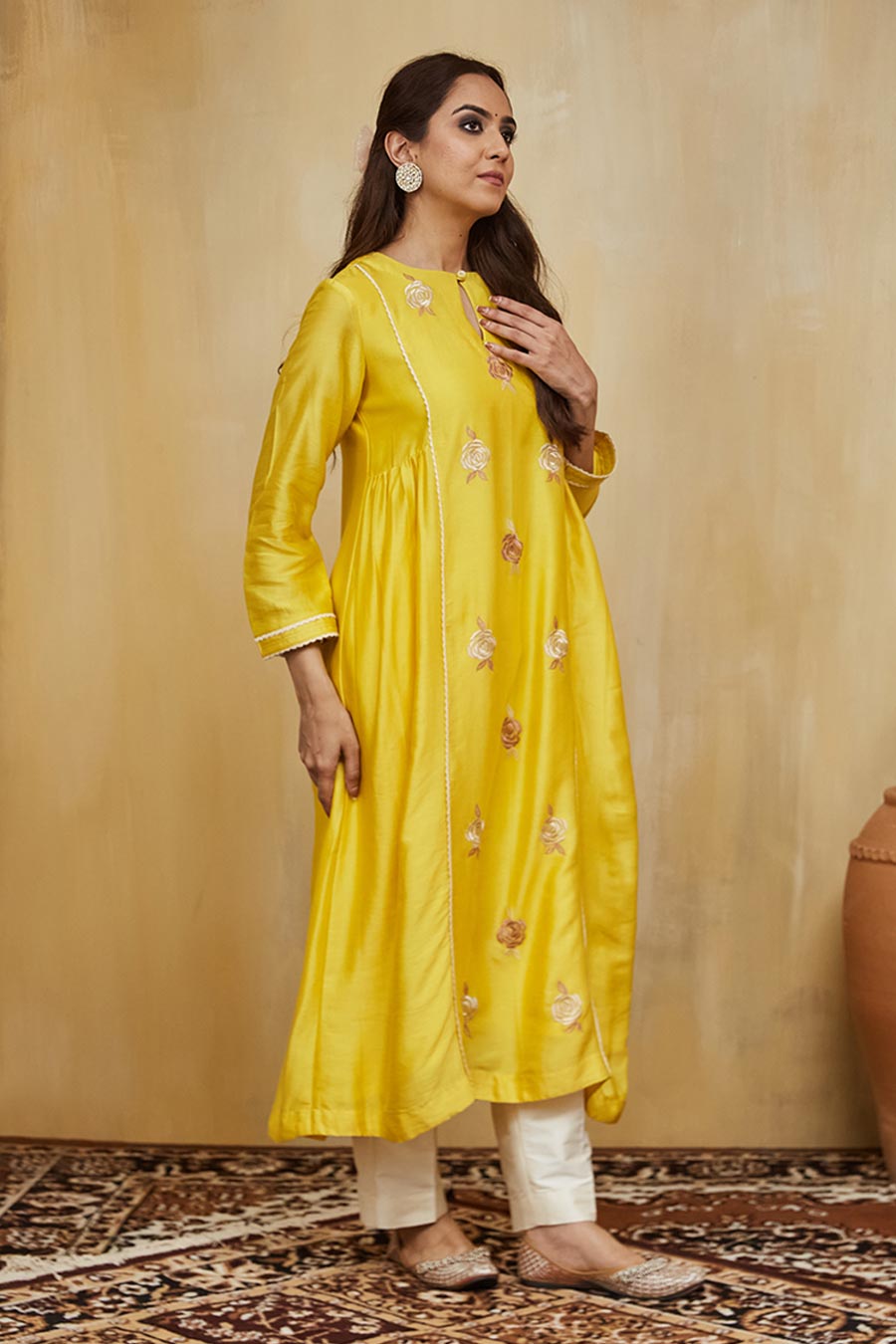Yellow & Off-White Azra Floral Embroidered Kurta Set