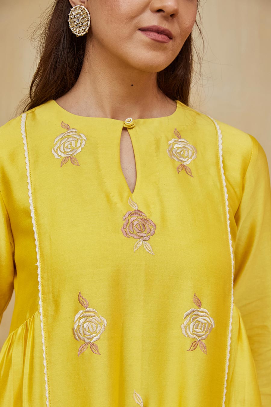 Yellow & Off-White Azra Floral Embroidered Kurta Set