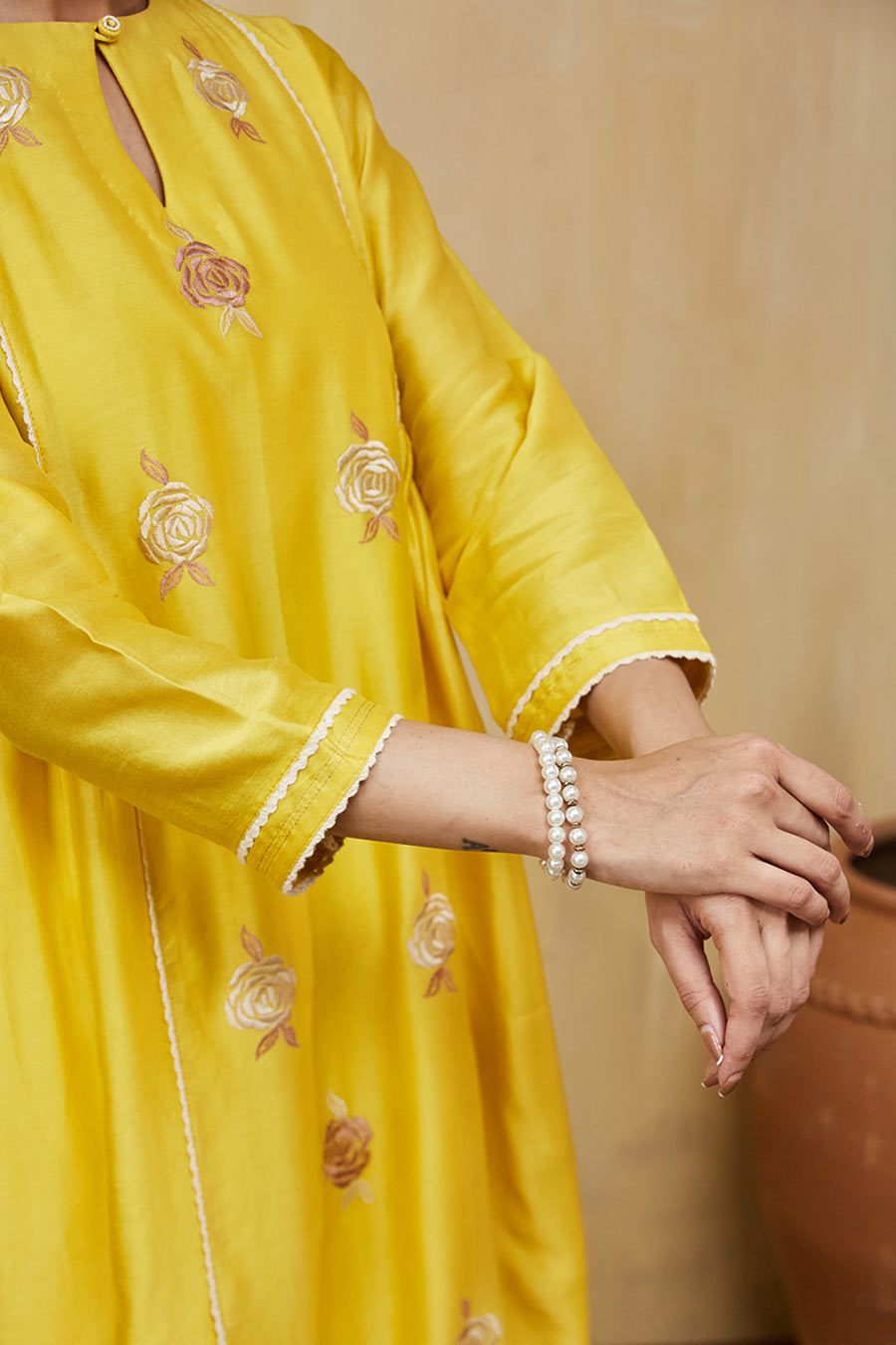 Yellow & Off-White Azra Floral Embroidered Kurta Set