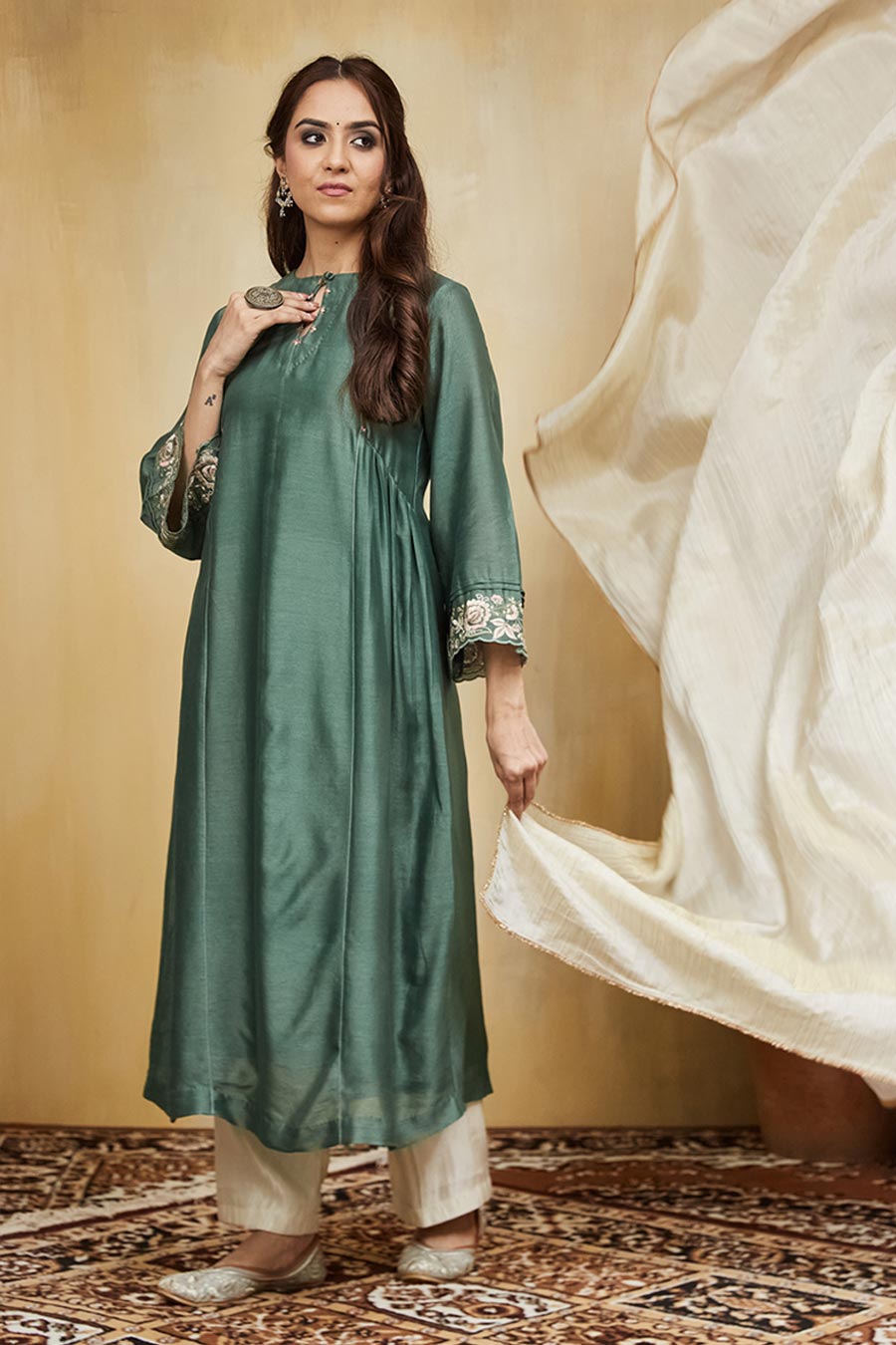 Green & Off-White Nadia Floral Embroidered Kurta Set
