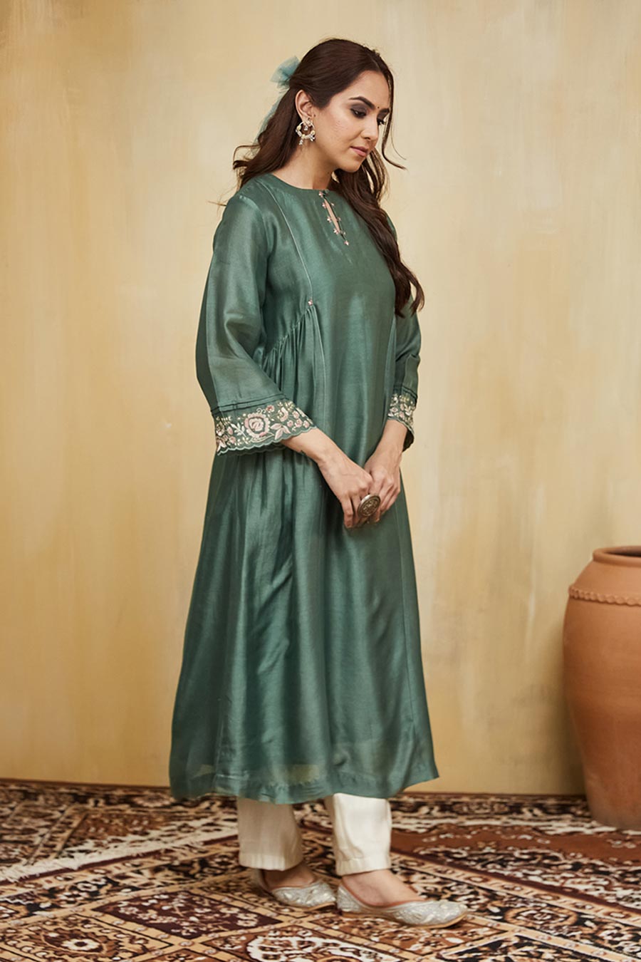 Green & Off-White Nadia Floral Embroidered Kurta Set