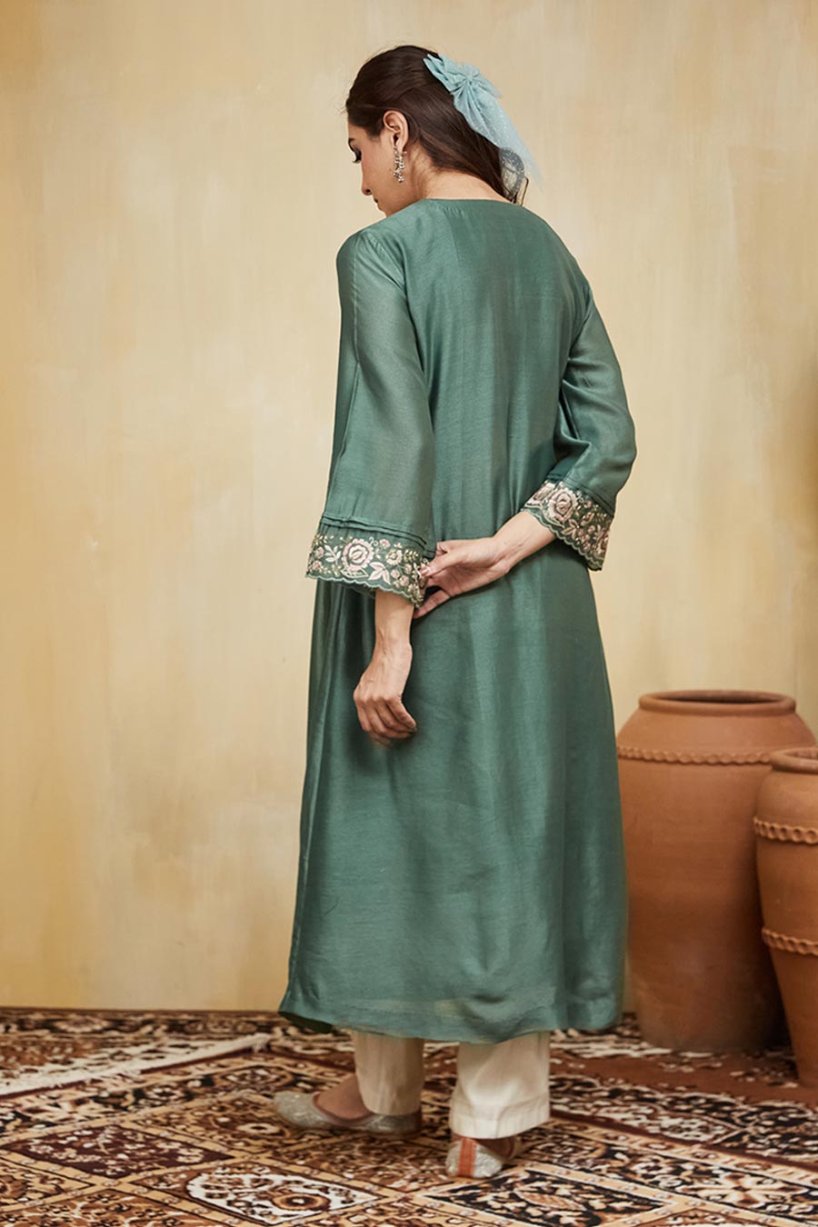 Green & Off-White Nadia Floral Embroidered Kurta Set