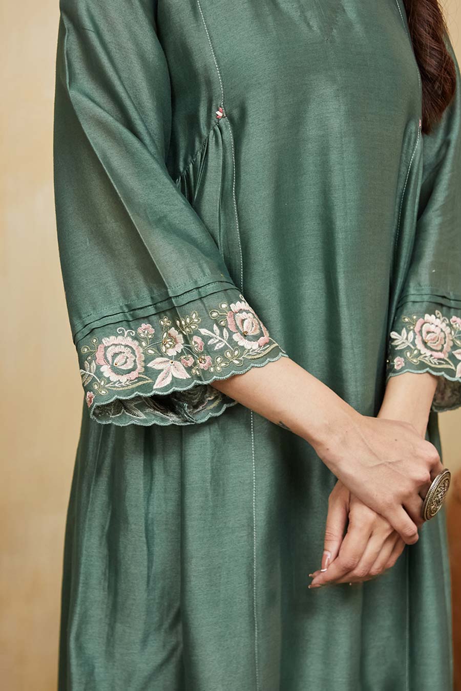 Green & Off-White Nadia Floral Embroidered Kurta Set