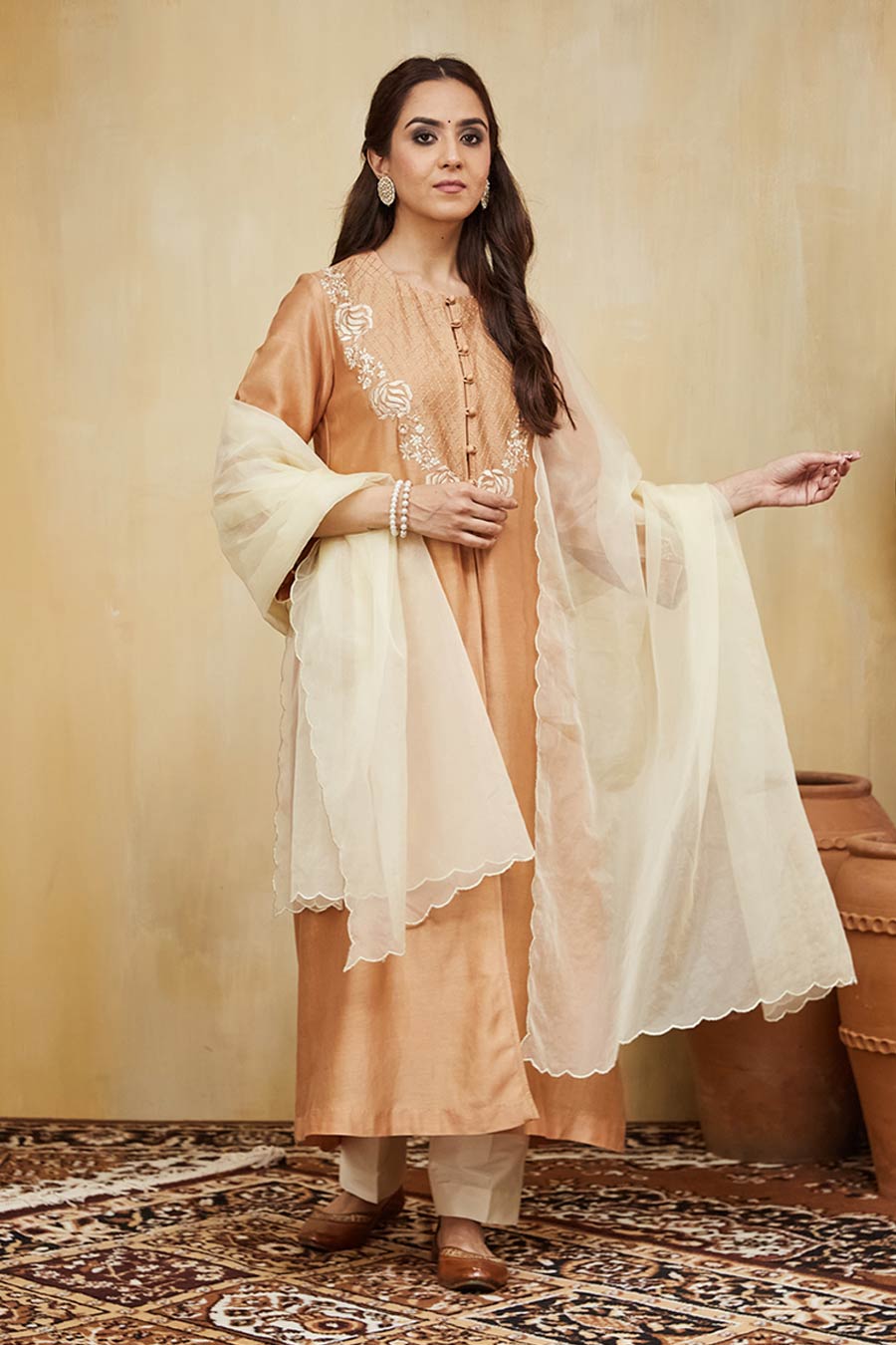 Peach & Off-White Amina Floral Embroidered Jacket Kurta Set
