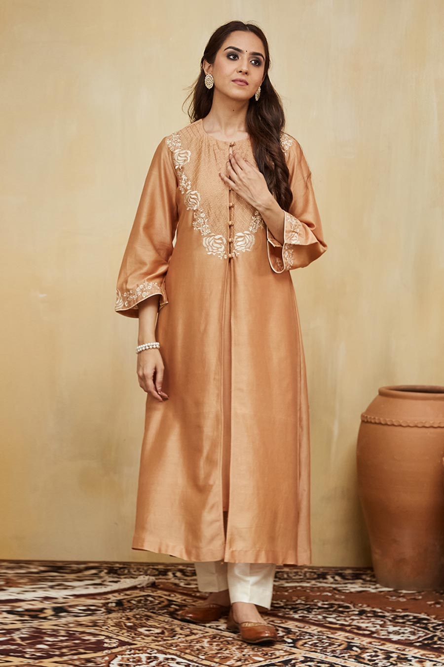 Peach & Off-White Amina Floral Embroidered Jacket Kurta Set