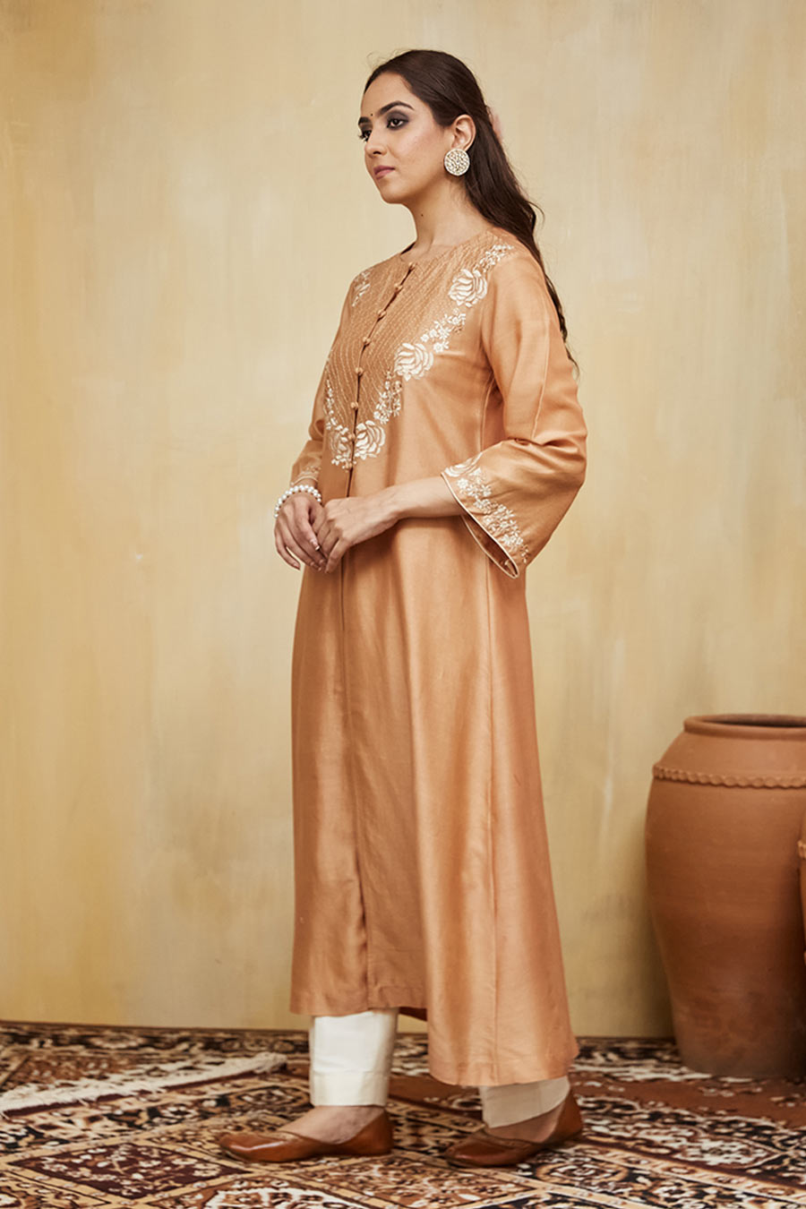 Peach & Off-White Amina Floral Embroidered Jacket Kurta Set