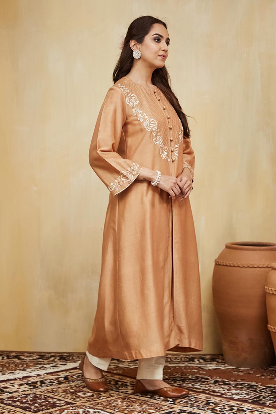 Peach & Off-White Amina Floral Embroidered Jacket Kurta Set