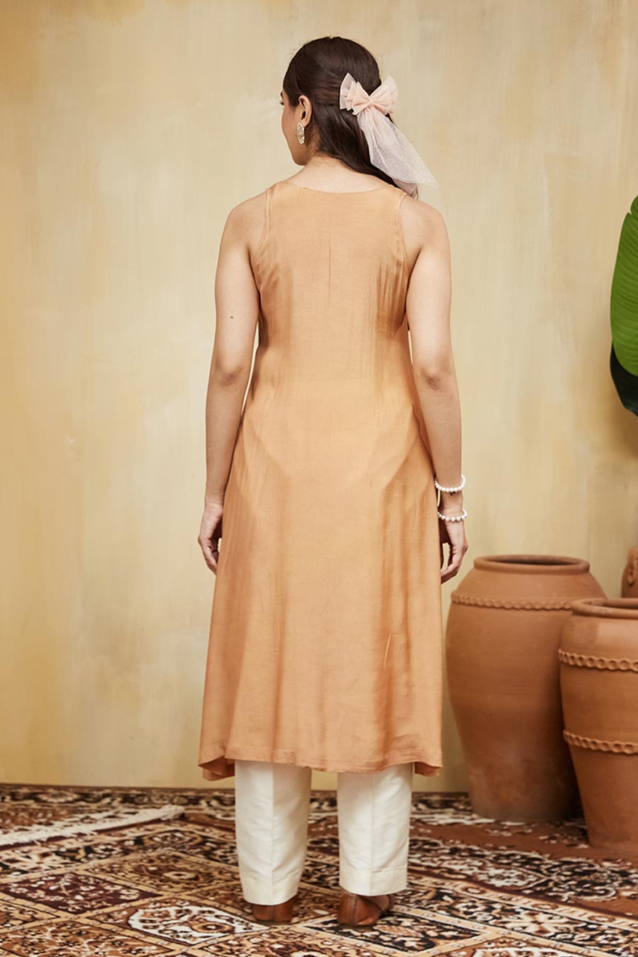 Peach & Off-White Amina Floral Embroidered Jacket Kurta Set