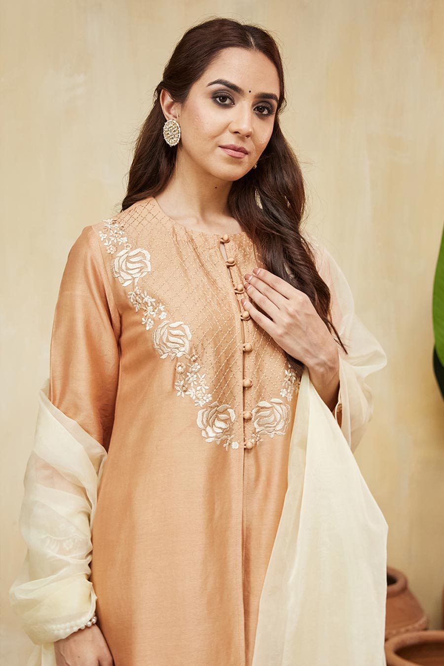 Peach & Off-White Amina Floral Embroidered Jacket Kurta Set