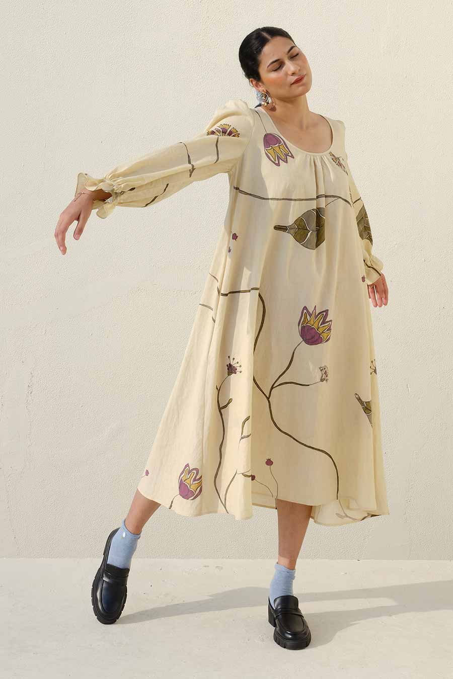 Beige Hand-Painted Midi Dress