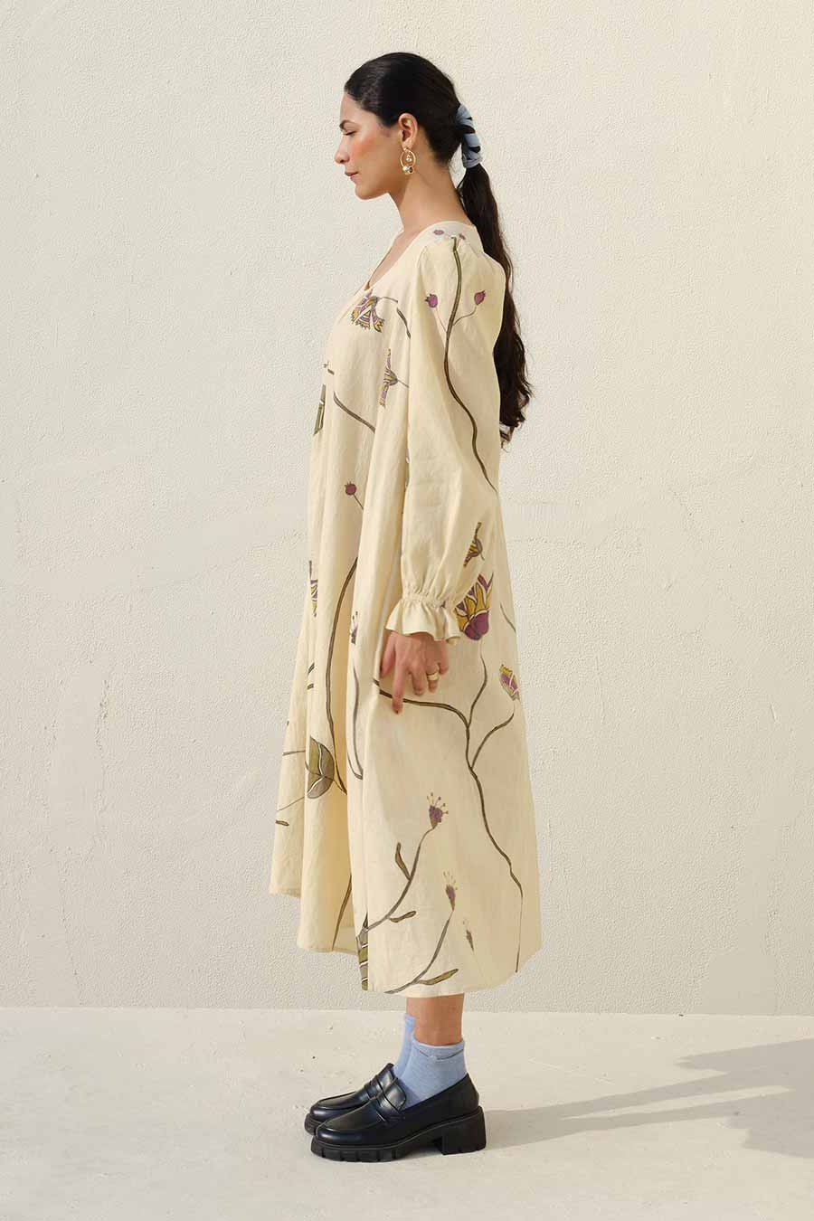 Beige Hand-Painted Midi Dress