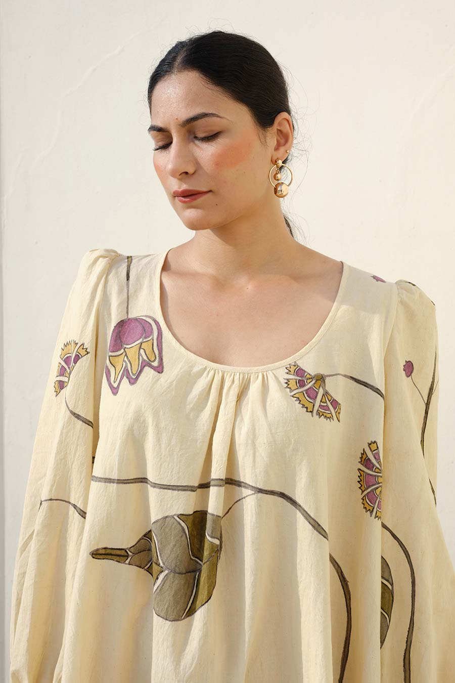 Beige Hand-Painted Midi Dress