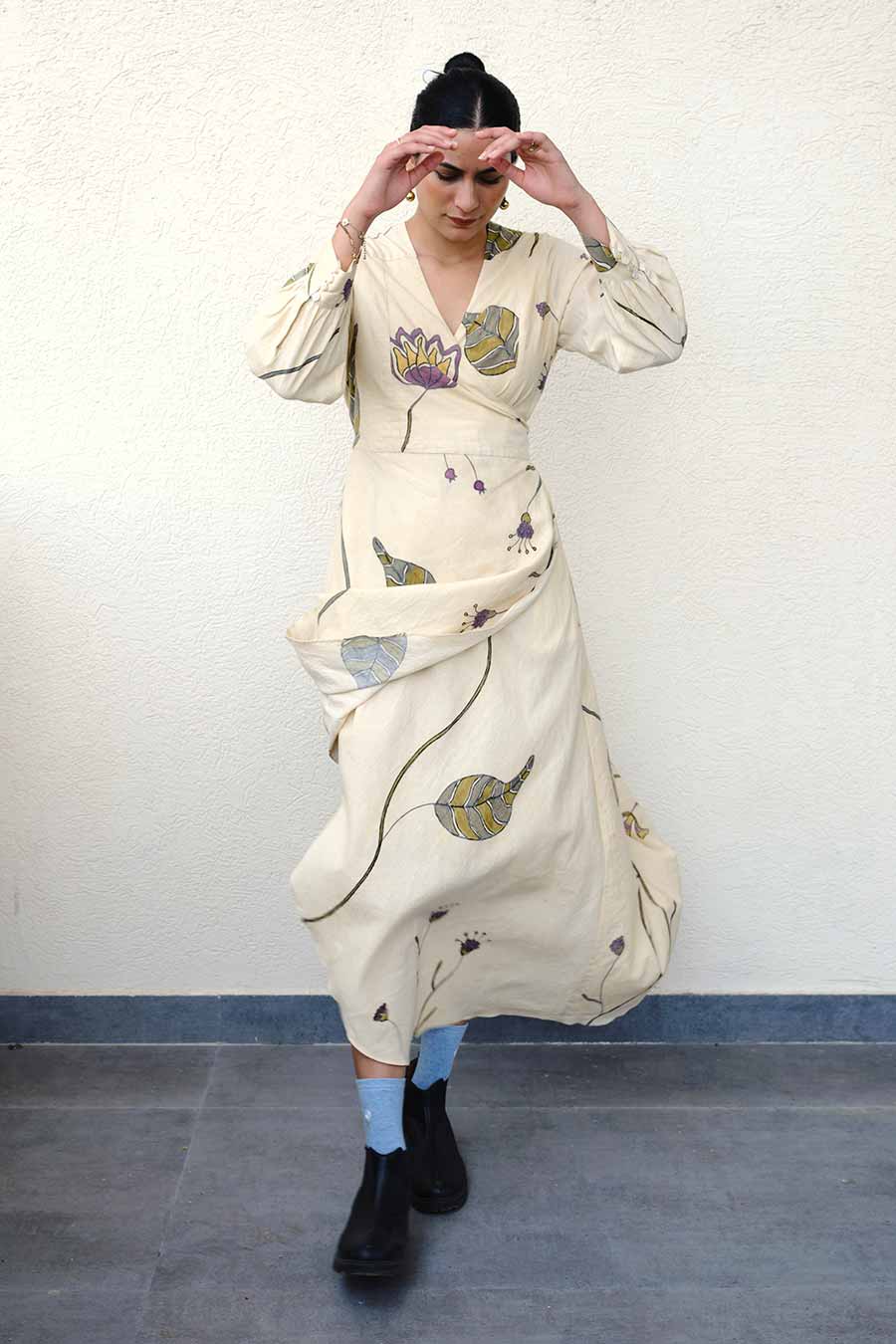 Beige Hand-Painted Overlap Dress